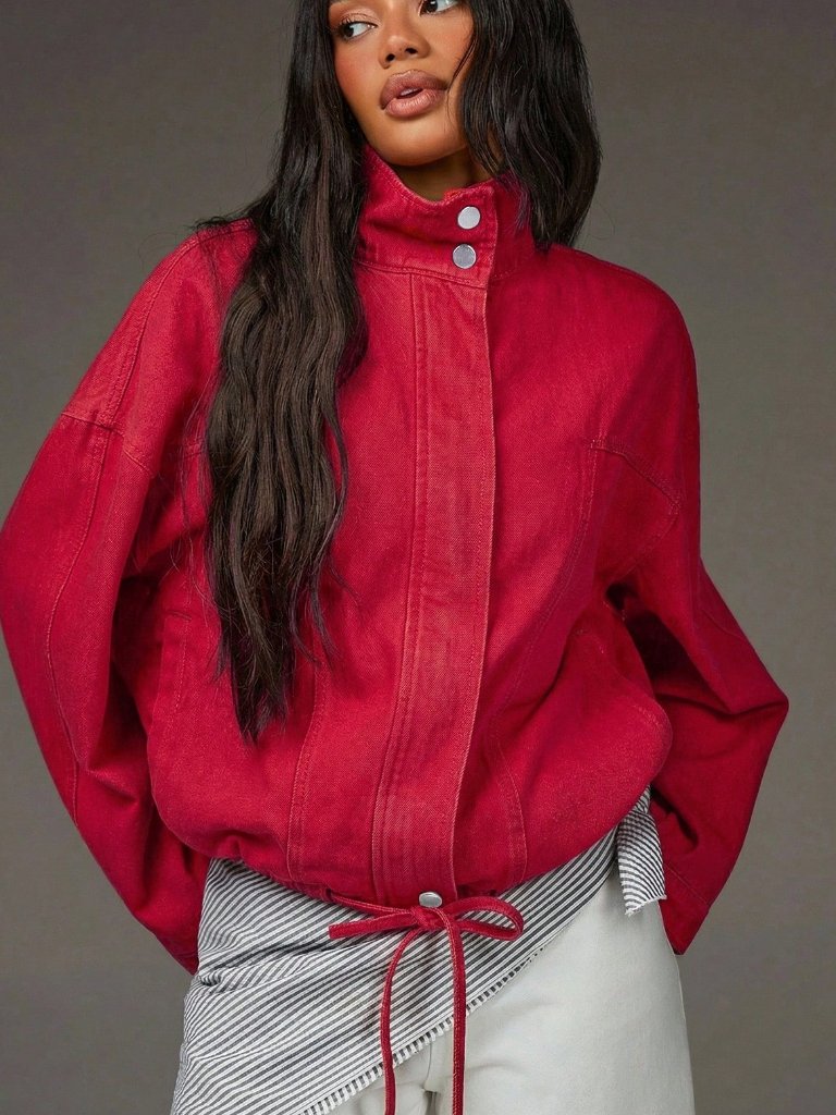 Red Casual Women's Denim Long Sleeve Denim Jacket